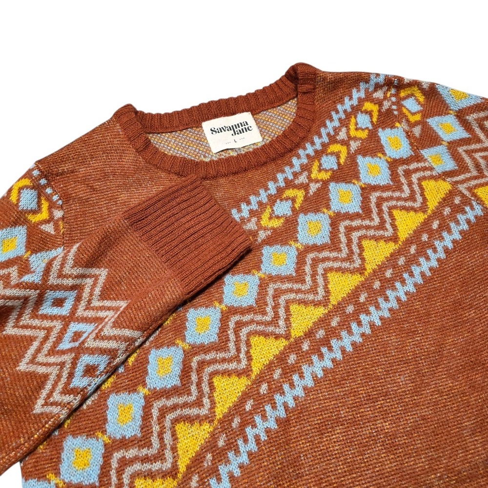 Savanna Jane Sweater Womens Large Rust Geometric Fair Isle Knit‎ Pullover 17378